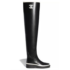 Chanel 22K Black White Caoutchouc CC Logo Thigh High Pull On Rubber Rain Boot 38